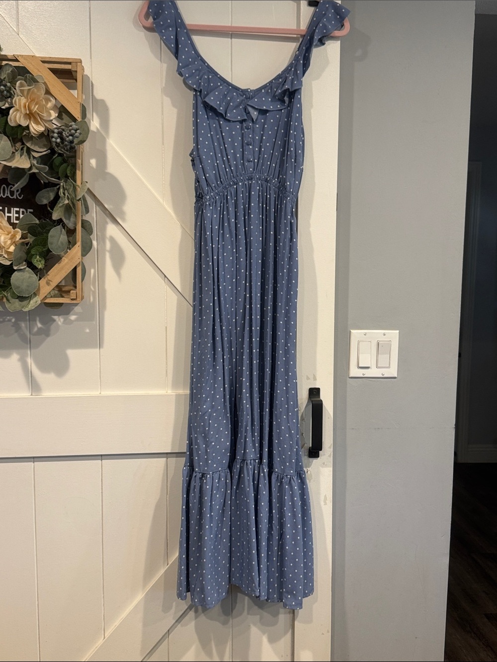Cacique size 12
Blue Polka Dot Ruffle Sleep Maxi Dress